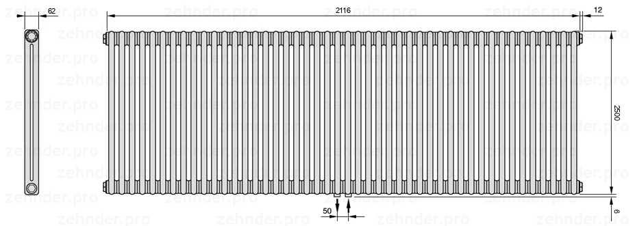 Схема (чертеж) Радиатор Zehnder Charleston 2250/46 №5410 Белый глянцевый RAL 9016